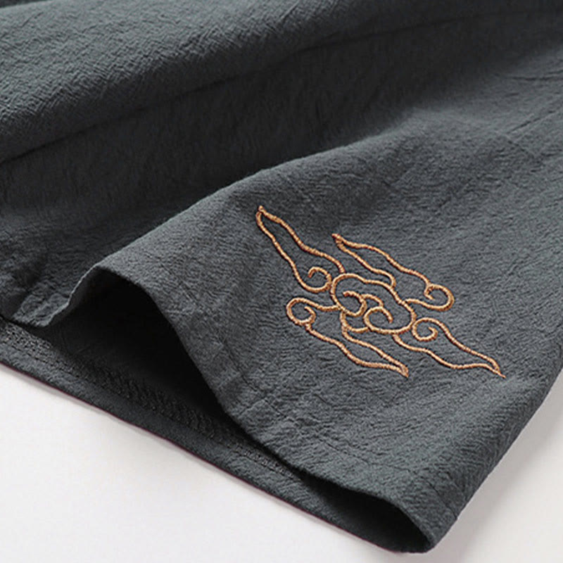 Nimara Ritual Summer V-Neck Frog-Button Short Sleeve Clouds Embroidery Cotton Linen Men's Shirt