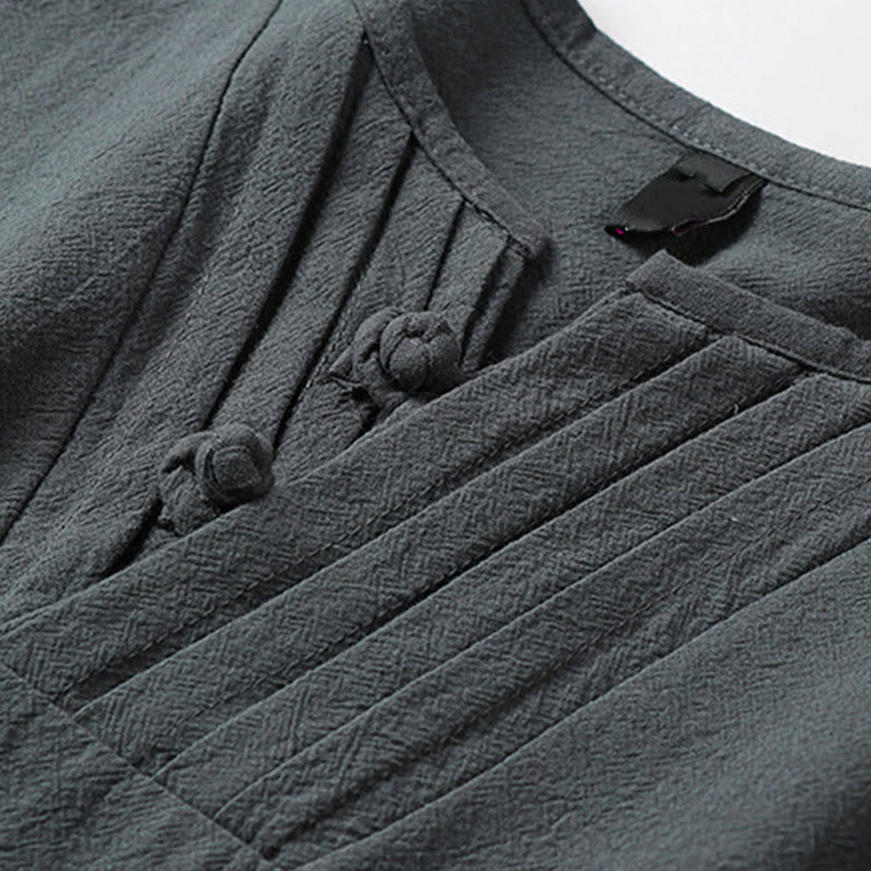 Nimara Ritual Summer V-Neck Frog-Button Short Sleeve Clouds Embroidery Cotton Linen Men's Shirt