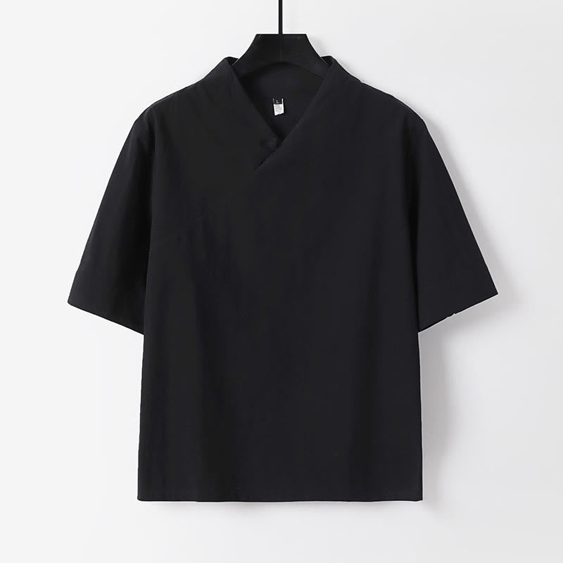 Nimara Ritual Summer Simple V-Neck Short Sleeve Cotton Linen Men's Shirt