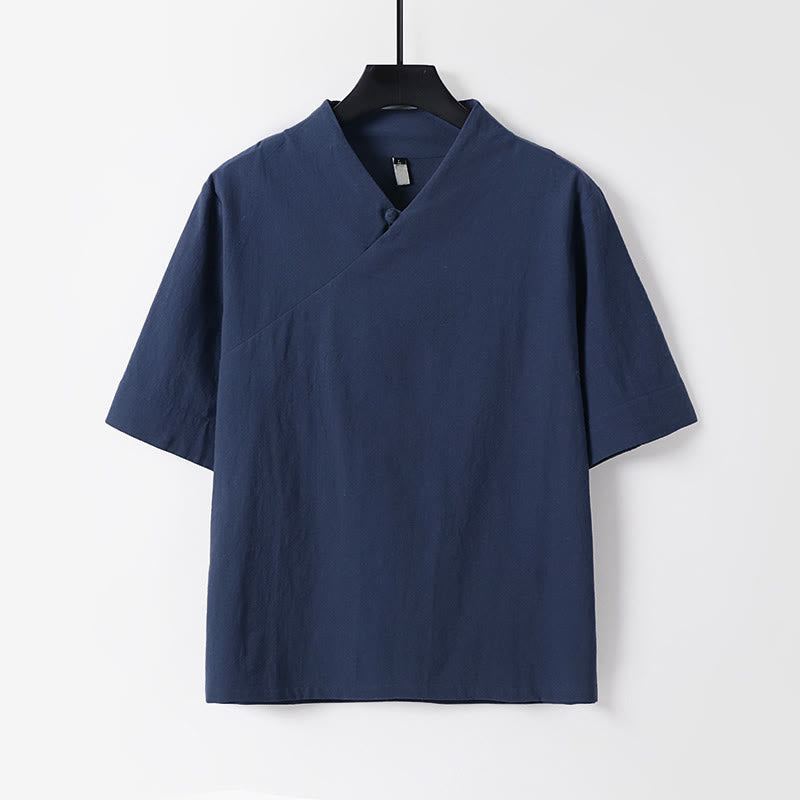 Nimara Ritual Summer Simple V-Neck Short Sleeve Cotton Linen Men's Shirt