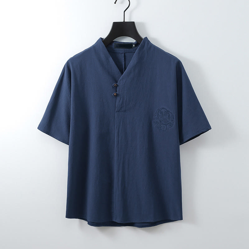 Nimara Ritual Summer V-Neck Button Short Sleeve Clouds Embroidery Cotton Linen Men's Shirt