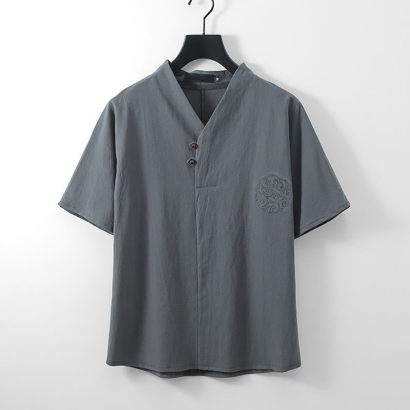 Nimara Ritual Summer V-Neck Button Short Sleeve Clouds Embroidery Cotton Linen Men's Shirt