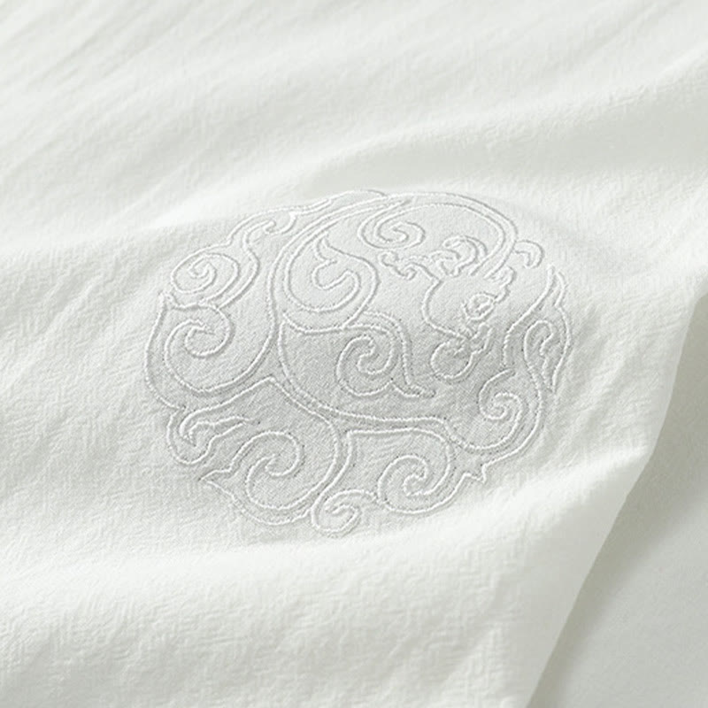 Nimara Ritual Summer V-Neck Button Short Sleeve Clouds Embroidery Cotton Linen Men's Shirt