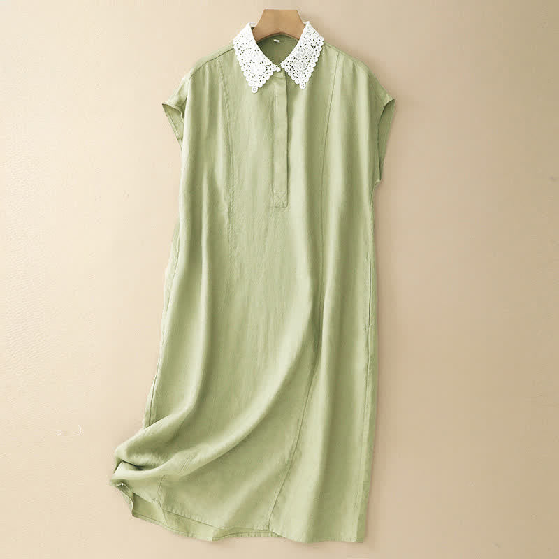 Nimara Ritual Summer Hollow Lace Design Lapel Sleeveless Cotton Midi Dress With Pockets