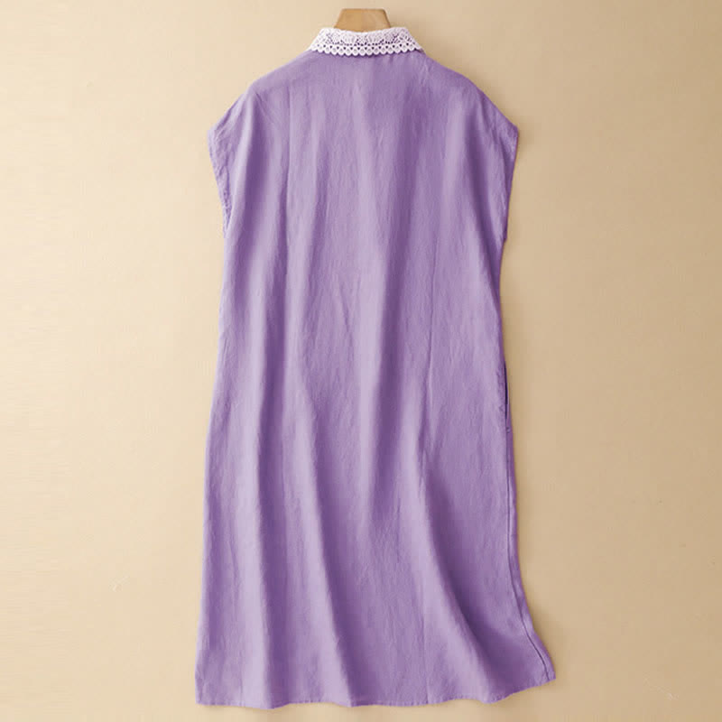 Nimara Ritual Summer Hollow Lace Design Lapel Sleeveless Cotton Midi Dress With Pockets