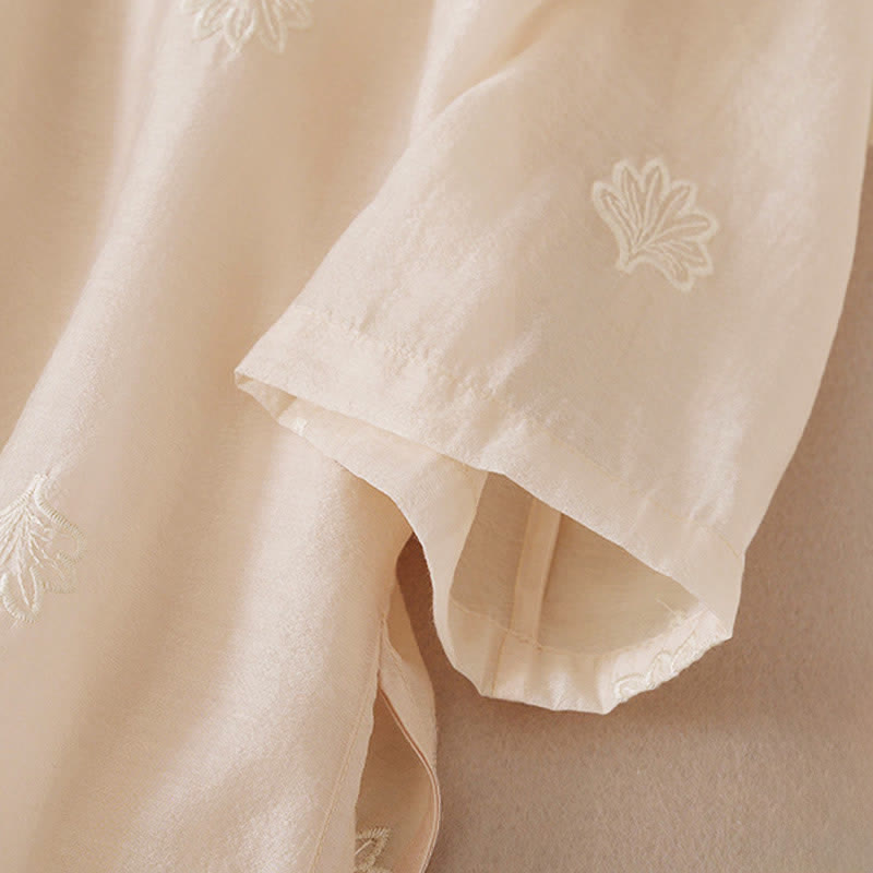 Nimara Ritual Embroidery Flower Frog-Button Stand Collar Side Slit Short Sleeve Maxi Dress