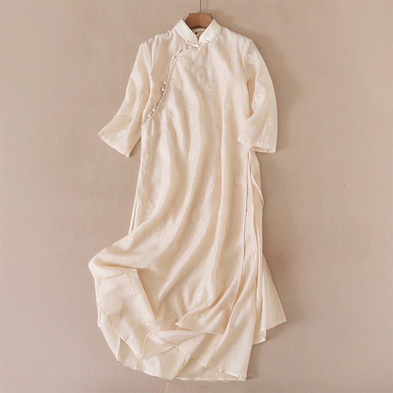 Nimara Ritual Embroidery Flower Frog-Button Stand Collar Side Slit Short Sleeve Maxi Dress