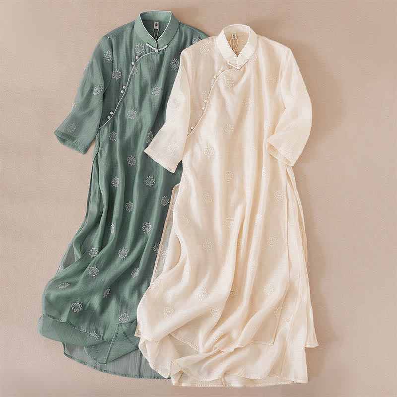 Nimara Ritual Embroidery Flower Frog-Button Stand Collar Side Slit Short Sleeve Maxi Dress