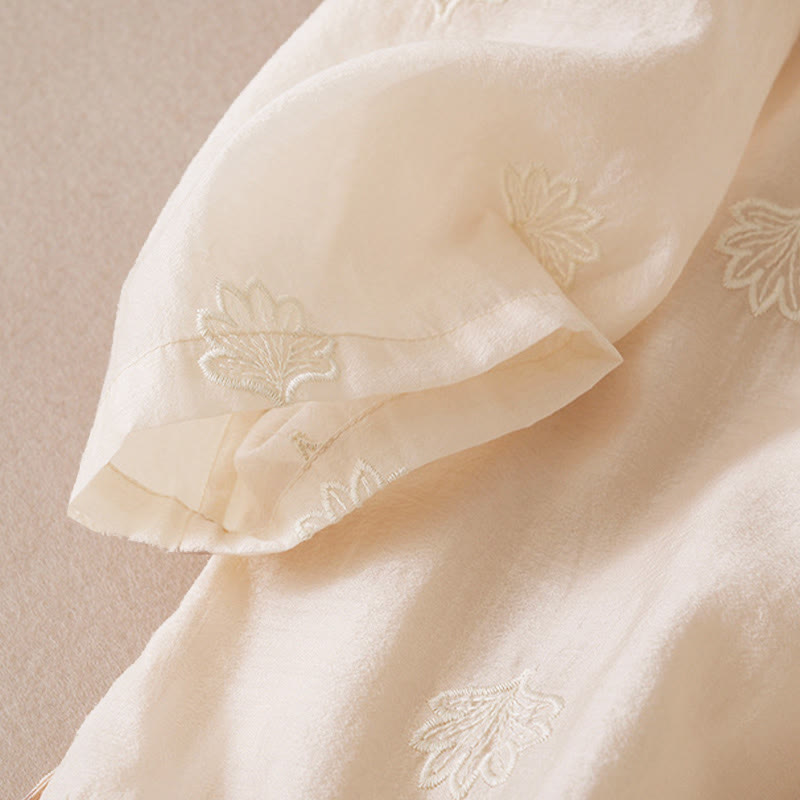Nimara Ritual Embroidery Flower Frog-Button Stand Collar Side Slit Short Sleeve Maxi Dress