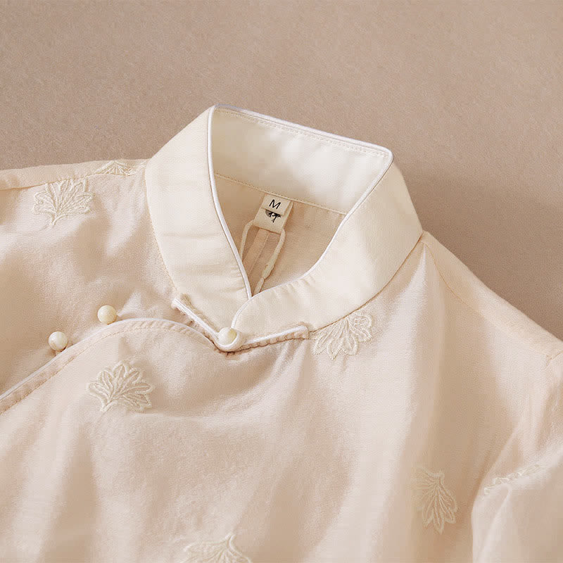 Nimara Ritual Embroidery Flower Frog-Button Stand Collar Side Slit Short Sleeve Maxi Dress