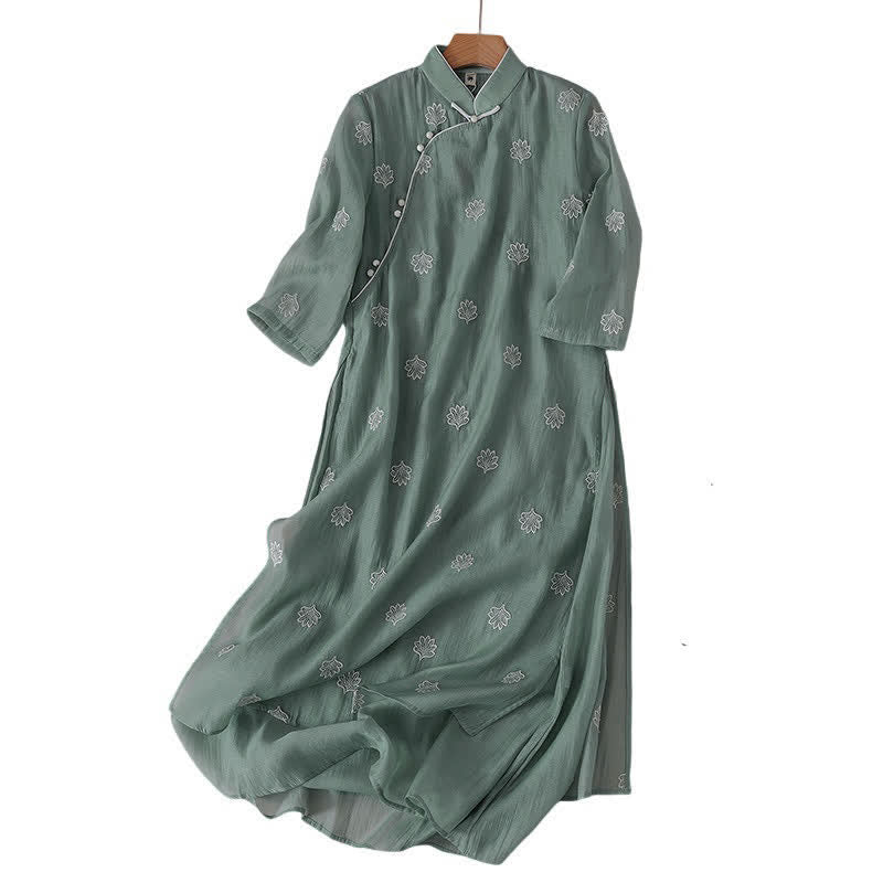 Nimara Ritual Embroidery Flower Frog-Button Stand Collar Side Slit Short Sleeve Maxi Dress