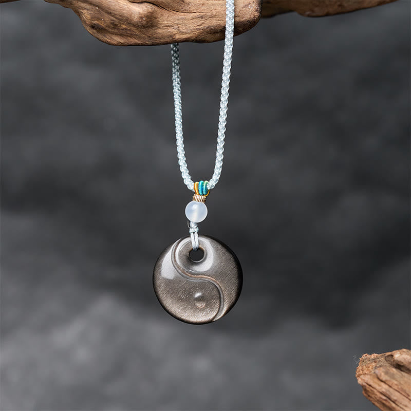 Nimara Ritual Silver Sheen Obsidian Yin Yang Symbol Protection Necklace Pendant
