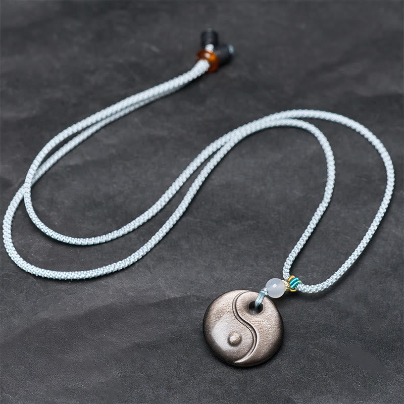 Nimara Ritual Silver Sheen Obsidian Yin Yang Symbol Protection Necklace Pendant