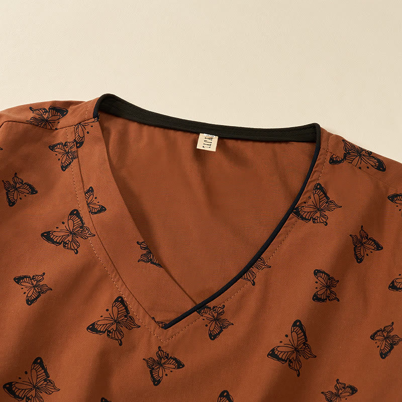 Nimara Ritual Butterfly Pattern V-Neck Long Sleeve Women's Polyester Shirt