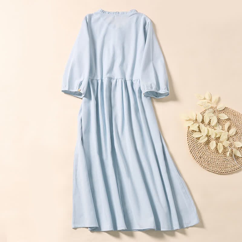 Nimara Ritual Summer Commute Pleated Design Buttons Short Sleeve Cotton Midi Dress