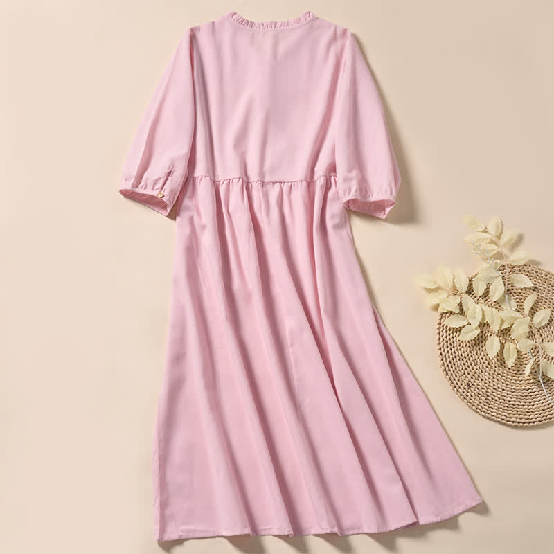 Nimara Ritual Summer Commute Pleated Design Buttons Short Sleeve Cotton Midi Dress