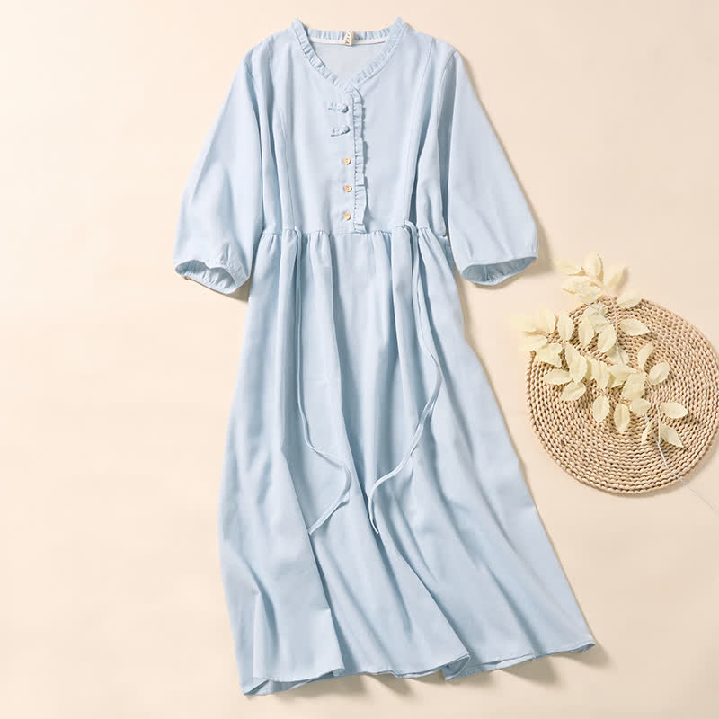 Nimara Ritual Summer Commute Pleated Design Buttons Short Sleeve Cotton Midi Dress