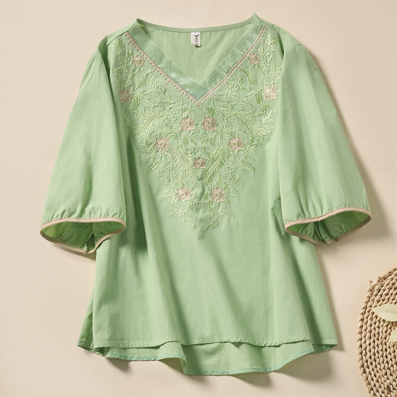 Nimara Ritual Casual Floral Leaf Pattern V-Neck Women's Polyester Short Sleeve T-shirt