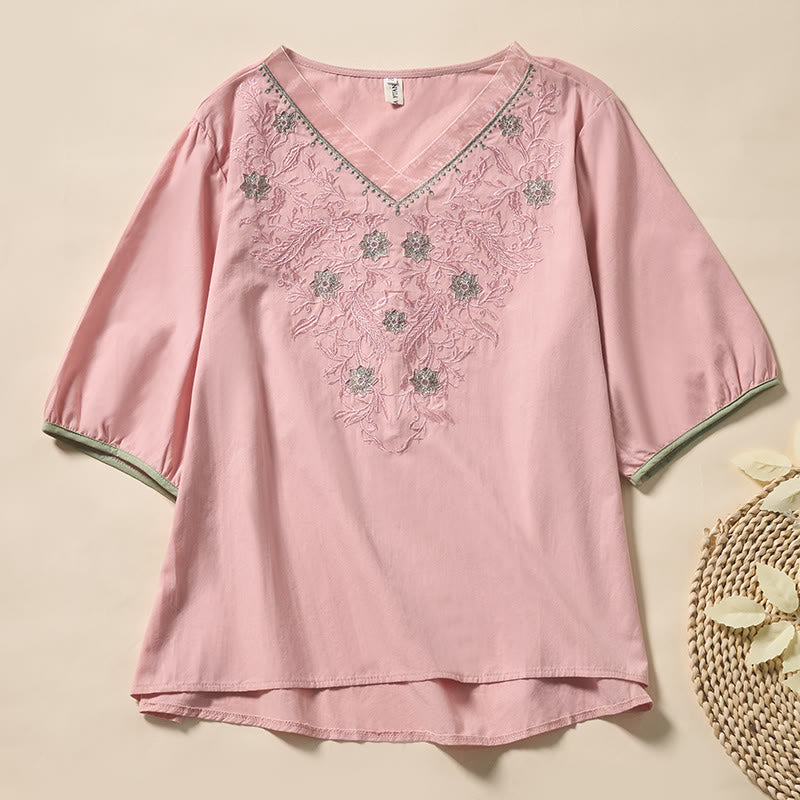 Nimara Ritual Casual Floral Leaf Pattern V-Neck Women's Polyester Short Sleeve T-shirt