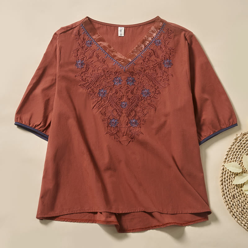 Nimara Ritual Casual Floral Leaf Pattern V-Neck Women's Polyester Short Sleeve T-shirt