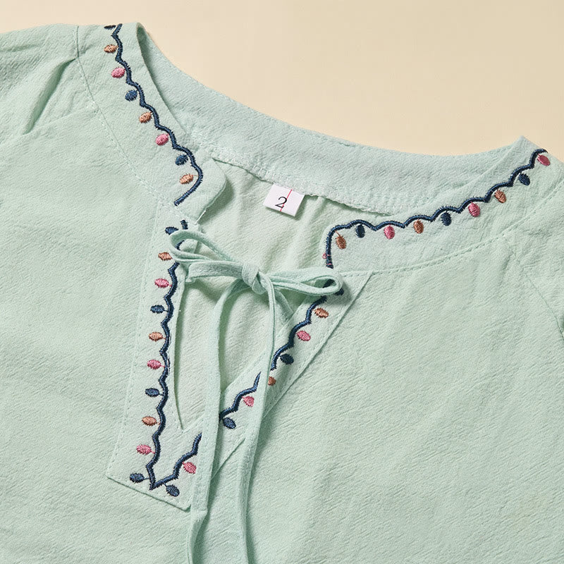 Nimara Ritual Summer V-Neck Embroidery Lines Lace-up Cotton Women's Half Sleeve Shirt