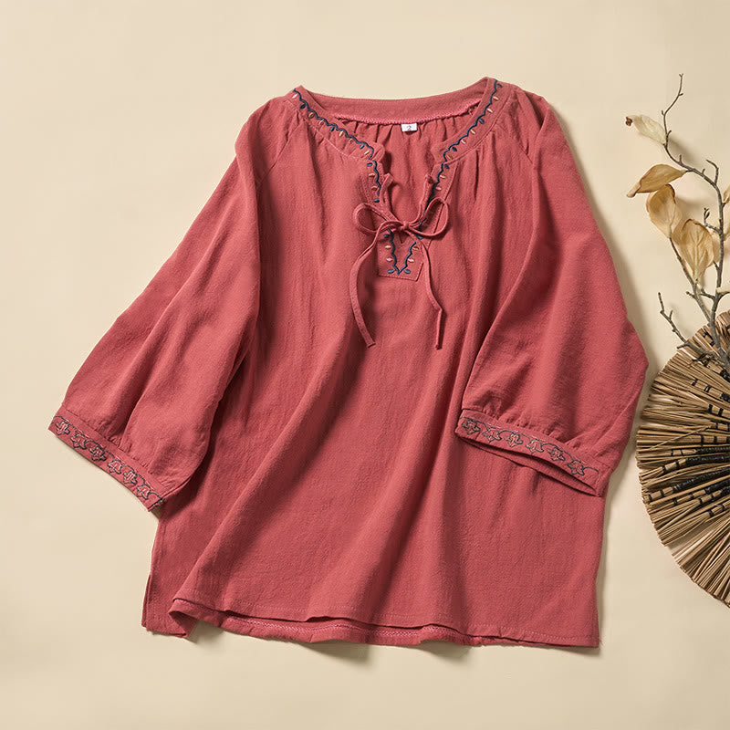 Nimara Ritual Summer V-Neck Embroidery Lines Lace-up Cotton Women's Half Sleeve Shirt