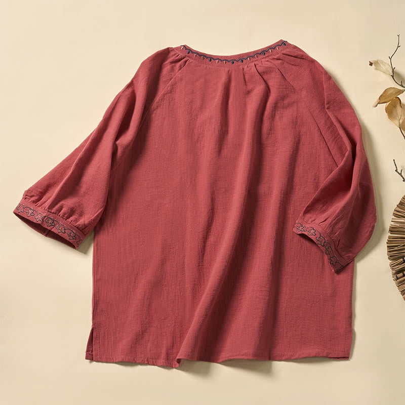 Nimara Ritual Summer V-Neck Embroidery Lines Lace-up Cotton Women's Half Sleeve Shirt