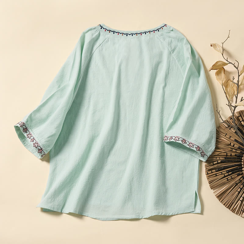 Nimara Ritual Summer V-Neck Embroidery Lines Lace-up Cotton Women's Half Sleeve Shirt