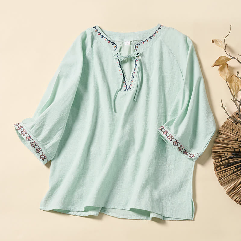 Nimara Ritual Summer V-Neck Embroidery Lines Lace-up Cotton Women's Half Sleeve Shirt