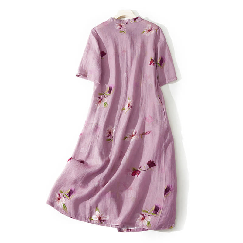 Nimara Ritual Summer Orchid Floral Stand Collar Design Short Sleeve Midi Dress With Pockets