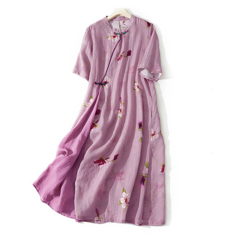 Nimara Ritual Summer Orchid Floral Stand Collar Design Short Sleeve Midi Dress With Pockets