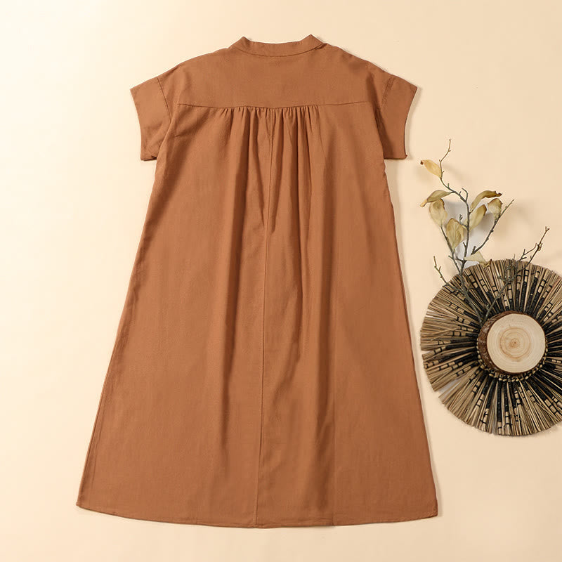 Nimara Ritual Summer Solid Color Stand Collar A-line Design Short Sleeve Midi Dress