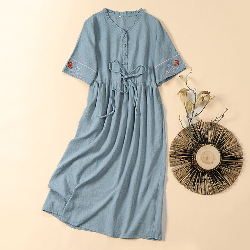 Nimara Ritual Summer V-Neck Floral Embroidery Design Short Sleeve Cotton Midi Dress With Pockets
