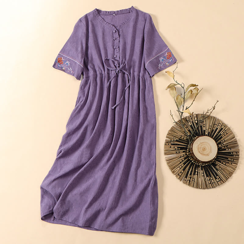 Nimara Ritual Summer V-Neck Floral Embroidery Design Short Sleeve Cotton Midi Dress With Pockets