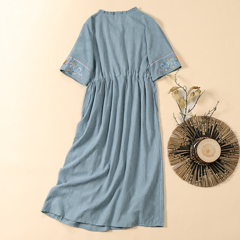 Nimara Ritual Summer V-Neck Floral Embroidery Design Short Sleeve Cotton Midi Dress With Pockets