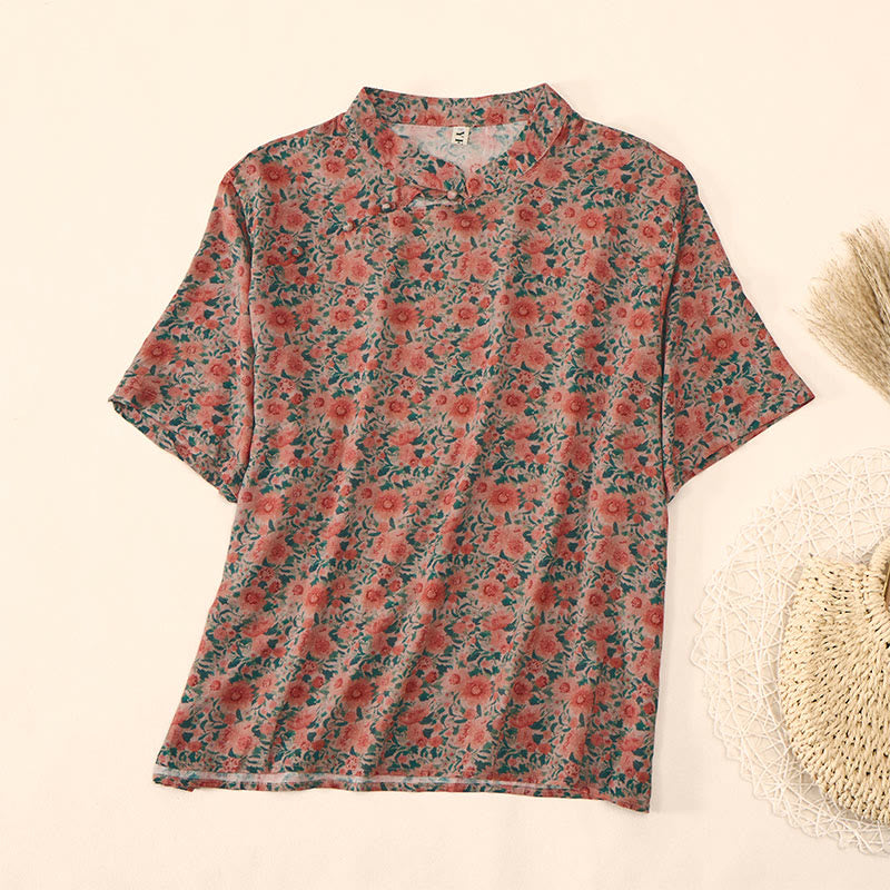 Nimara Ritual Summer Frog-Button Stand Collar Short Sleeve Flower Pattern Women's Shirt