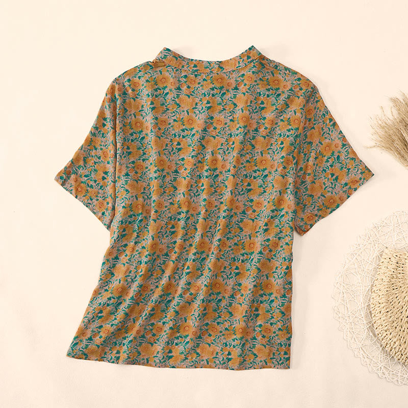 Nimara Ritual Summer Frog-Button Stand Collar Short Sleeve Flower Pattern Women's Shirt