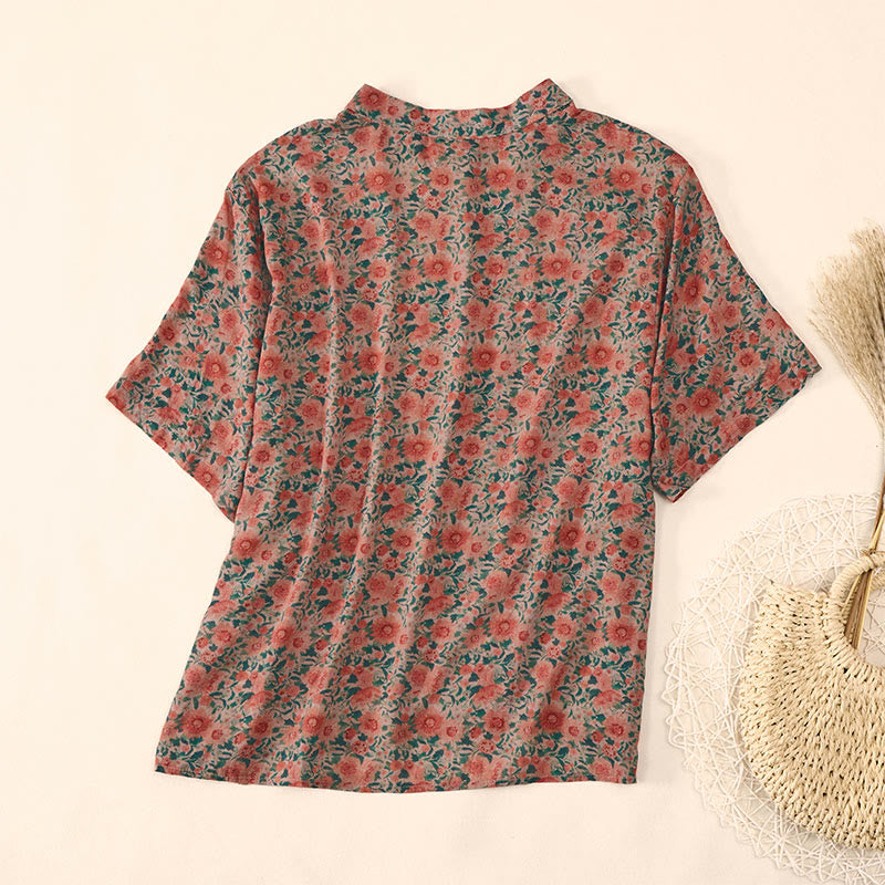 Nimara Ritual Summer Frog-Button Stand Collar Short Sleeve Flower Pattern Women's Shirt
