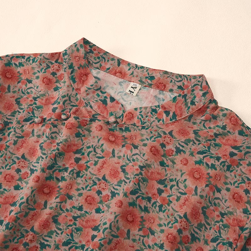 Nimara Ritual Summer Frog-Button Stand Collar Short Sleeve Flower Pattern Women's Shirt