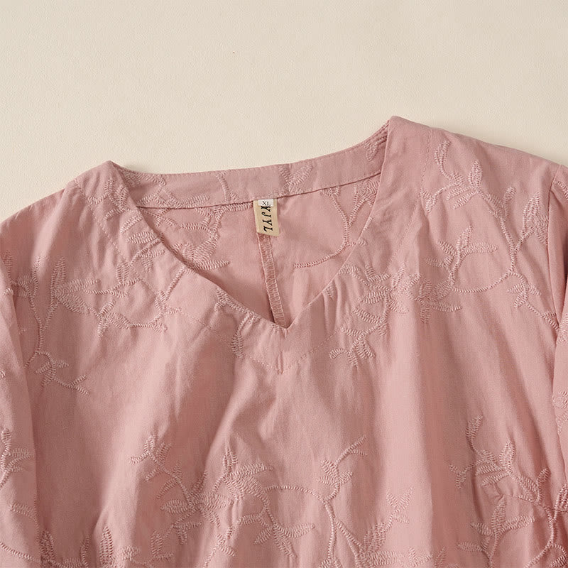 Nimara Ritual Spring V-Neck Long Sleeve Leaf Pattern Women's Cotton Shirt