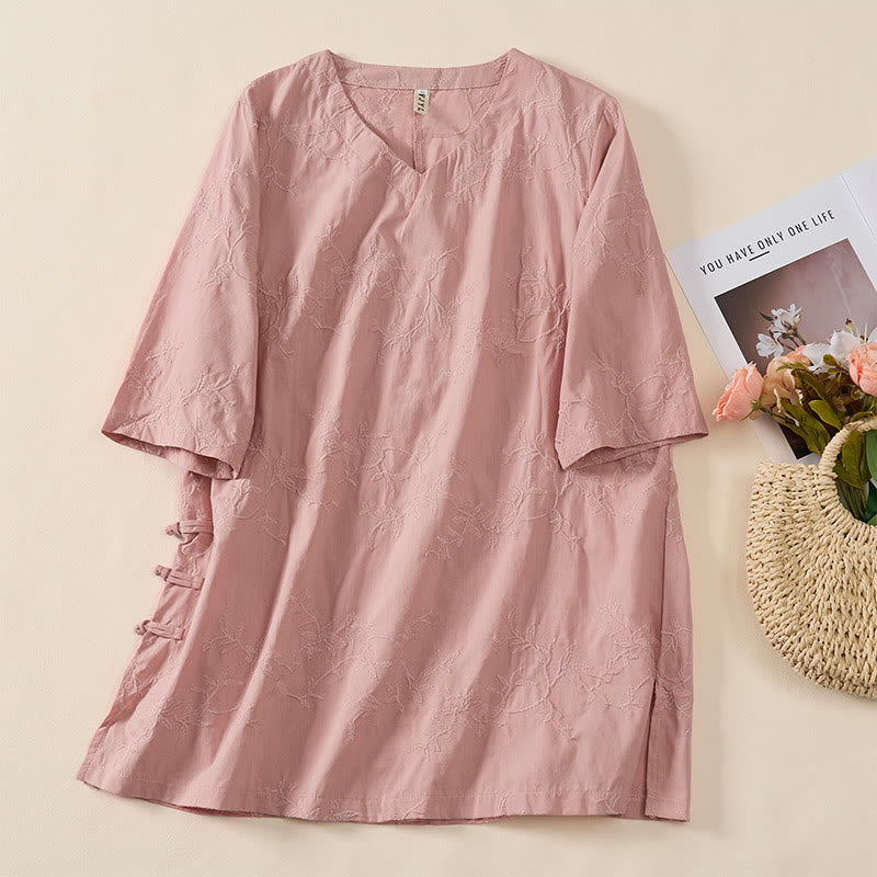 Nimara Ritual Spring V-Neck Long Sleeve Leaf Pattern Women's Cotton Shirt