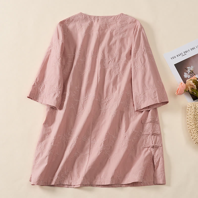 Nimara Ritual Spring V-Neck Long Sleeve Leaf Pattern Women's Cotton Shirt