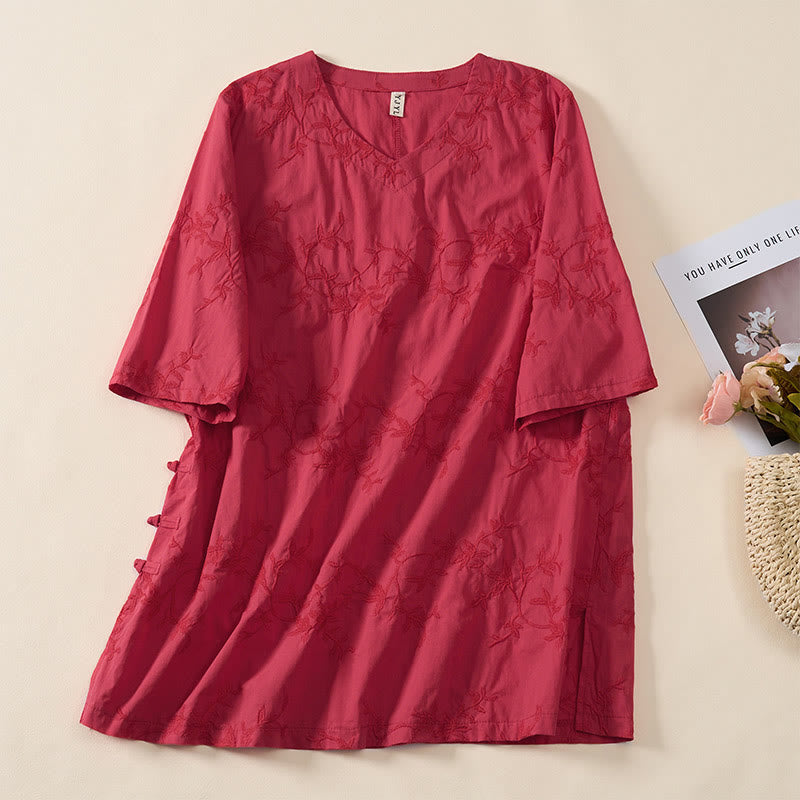 Nimara Ritual Spring V-Neck Long Sleeve Leaf Pattern Women's Cotton Shirt