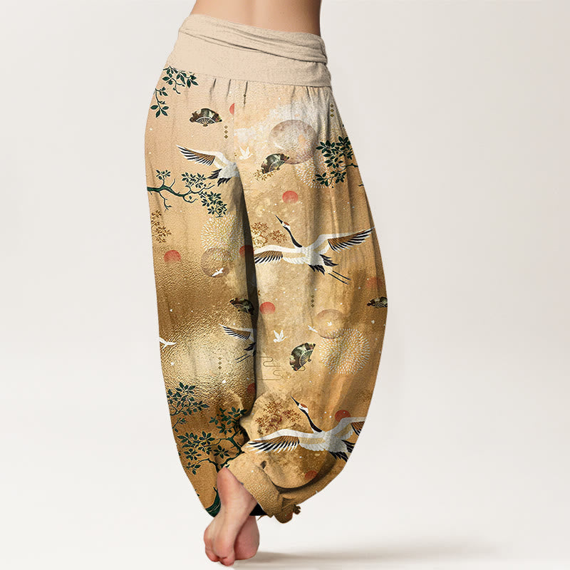 Nimara Ritual Cotton Traditional Crane Pine Tree Bird Fan Sun Pattern Women's Elastic Waist Harem Pants