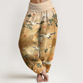 Nimara Ritual Cotton Traditional Crane Pine Tree Bird Fan Sun Pattern Women's Elastic Waist Harem Pants