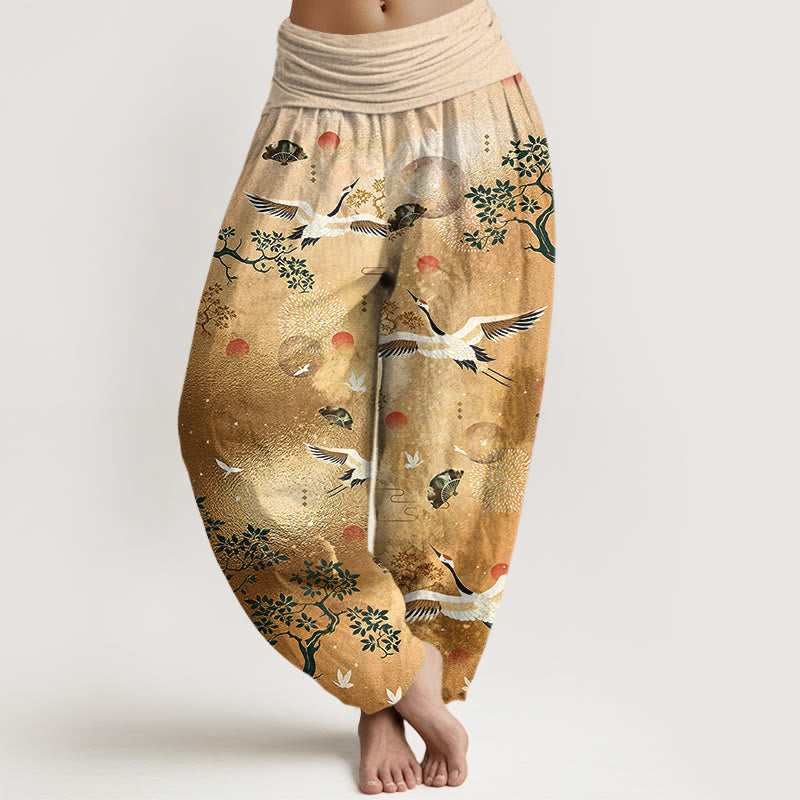 Nimara Ritual Cotton Traditional Crane Pine Tree Bird Fan Sun Pattern Women's Elastic Waist Harem Pants