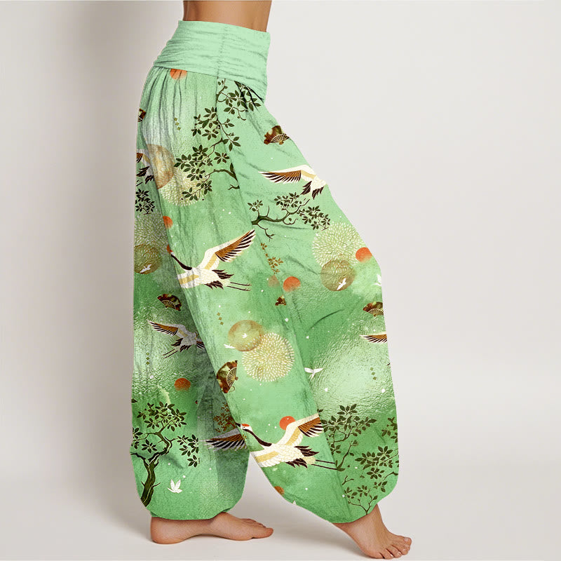 Nimara Ritual Cotton Traditional Crane Pine Tree Bird Fan Sun Pattern Women's Elastic Waist Harem Pants