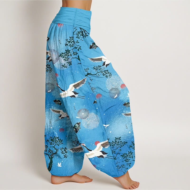 Nimara Ritual Cotton Traditional Crane Pine Tree Bird Fan Sun Pattern Women's Elastic Waist Harem Pants