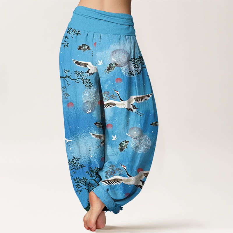 Nimara Ritual Cotton Traditional Crane Pine Tree Bird Fan Sun Pattern Women's Elastic Waist Harem Pants