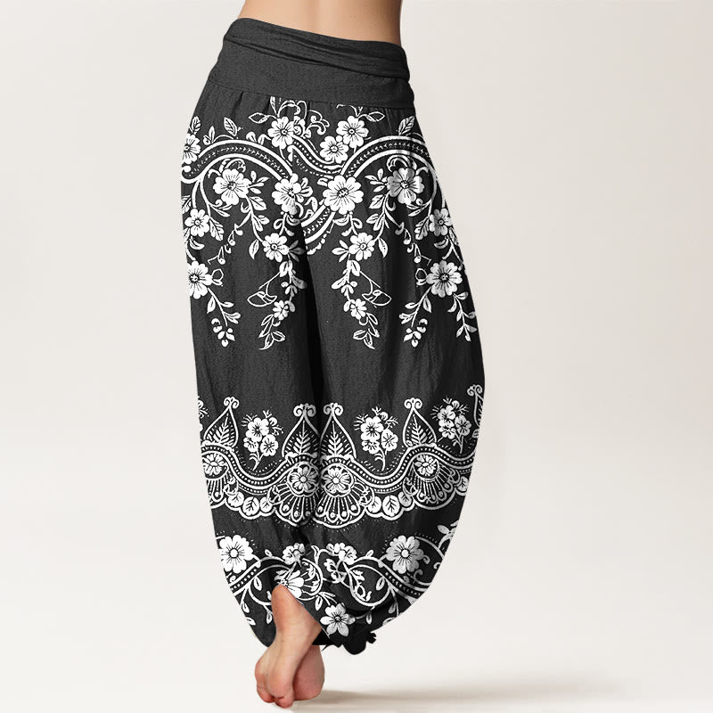 Nimara Ritual Cotton Traditional Flower Vine Leaf Pattern Women's Elastic Waist Harem Pants